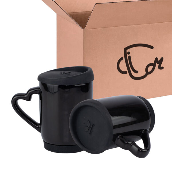 Mug Con Tapa De Silicona Y Oreja De Corazón 11 Oz Negro Caja X36 Und
