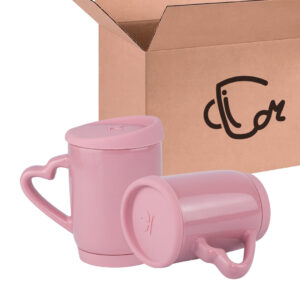 Mug Con Tapa De Silicona Y Oreja De Corazón 11 Oz Palo De Rosa Caja X36 Und