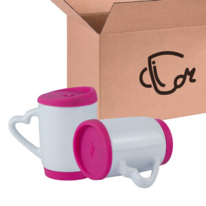 Mug Blanco Con Tapa De Silicona Y Oreja De Corazón - 11 Oz Fucsia Caja X36 Und