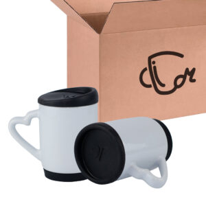 Mug Blanco Con Tapa De Silicona Y Oreja De Corazón - 11 Oz Negro Caja X36 Und