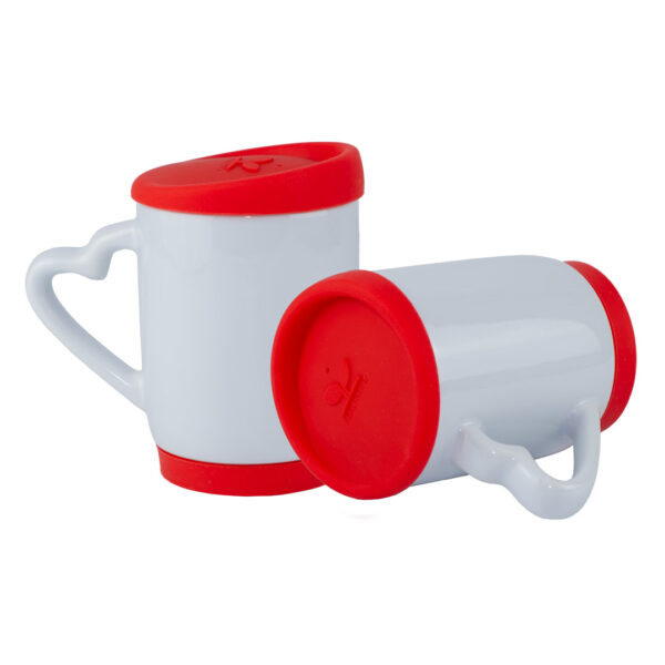 Mug Blanco Con Tapa De Silicona Y Oreja De Corazón - 11 Oz Rojo